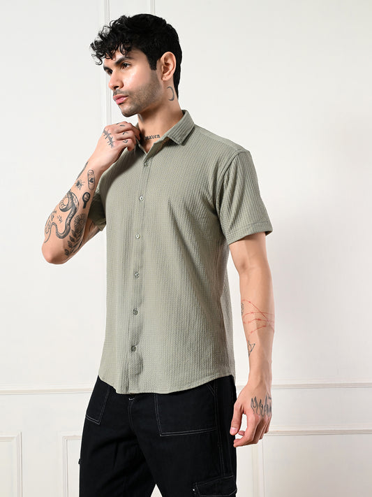 Men's olive green, grey textured shirt.