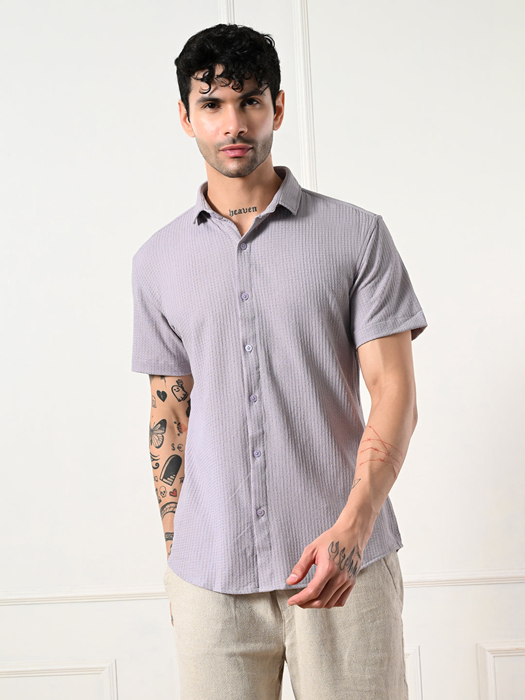 Light grey lavender textured short sleeve shirt.