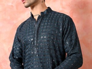 Men's midnight blue jacquard silk kurta.