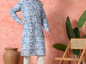 Premium sky-blue botanical print cotton kurta.