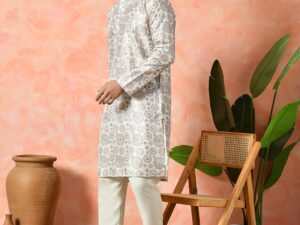 Men's cream festive kurta, mandala design.