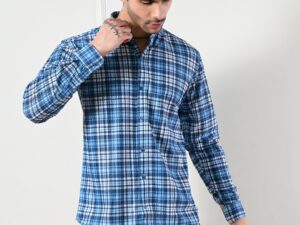 Men's classic blue, white plaid casual shirt.