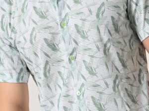Men's refreshing light blue, green leaf shirt.