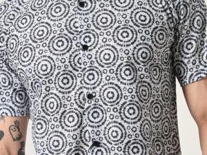 Men's black and white geometric circle shirt.