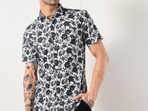 Bold black and white floral short sleeve shirt