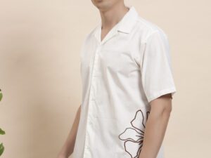 Men’s White Half Sleeve Shirt with Abstract Floral Embroidery