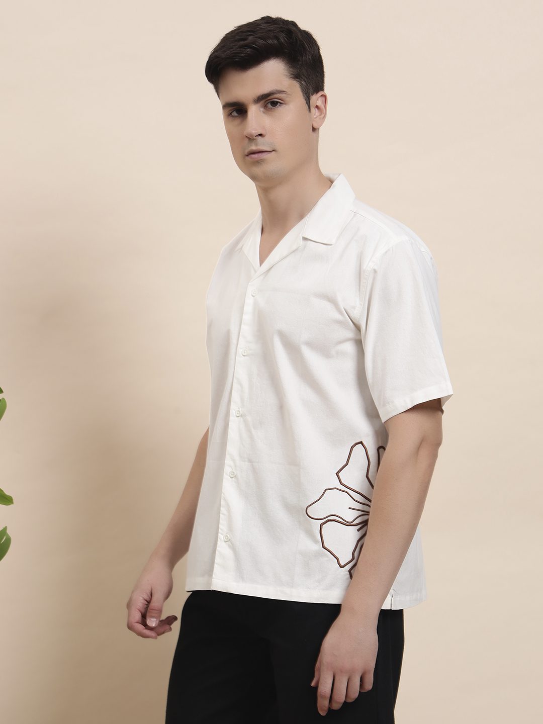 Men’s White Half Sleeve Shirt with Abstract Floral Embroidery