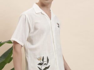 Men’s White Half Sleeve Shirt with Blue Embroidered Detailing