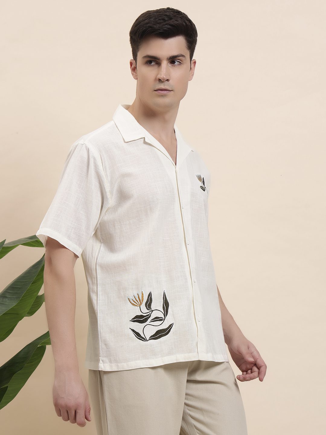 Men’s White Half Sleeve Shirt with Blue Embroidered Detailing