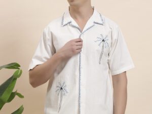Men’s White Half Sleeve Shirt with Blue Embroidered Detailing